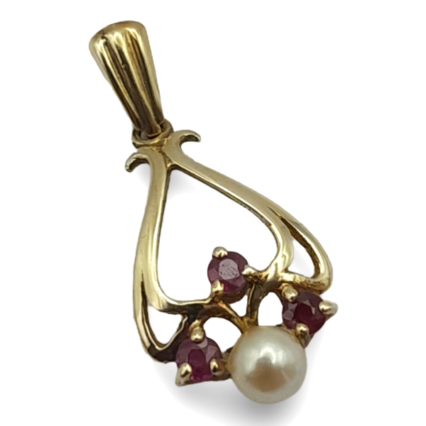 9ct Yellow Gold Cultured Pearl and Ruby Ladies Pendant
