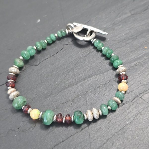 Sterling Silver Jade, Garnet & Opal Gemstone Bead Bracelet
